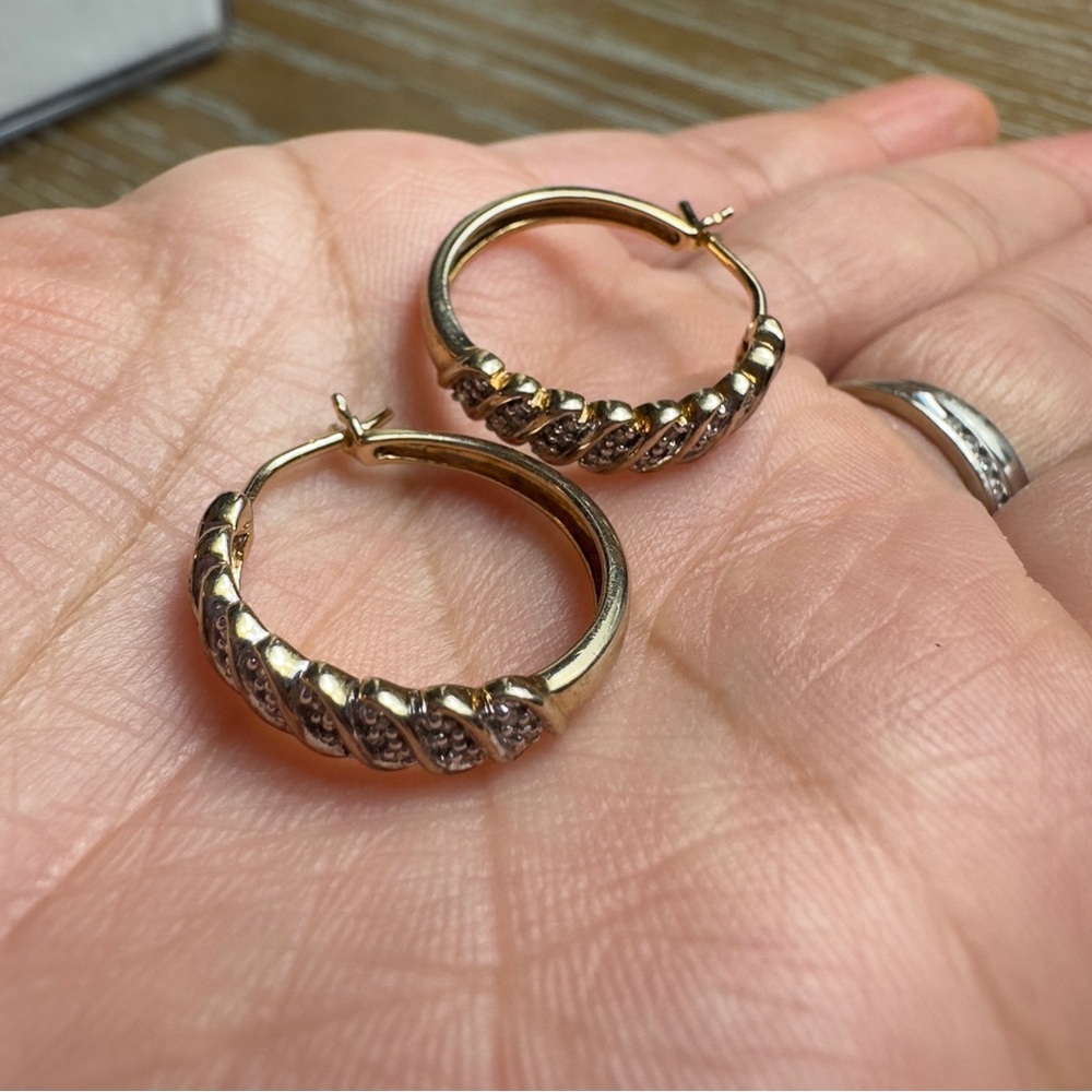 Gold Vermeil Diamond Earrings Sterling Silver Hoop Signed SUN